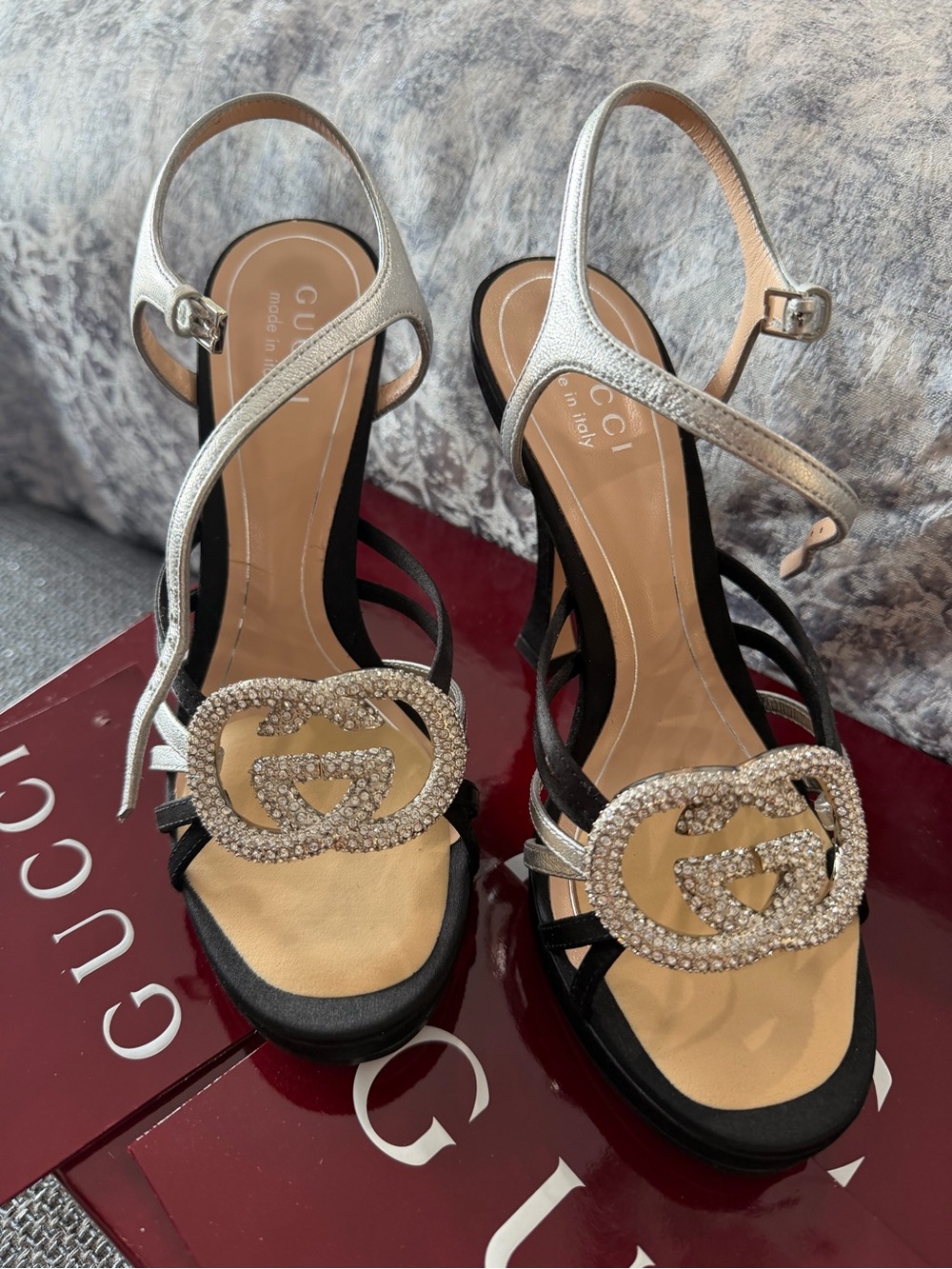 Gucci Black and Silver Crystal GG Strappy Slingback Heels